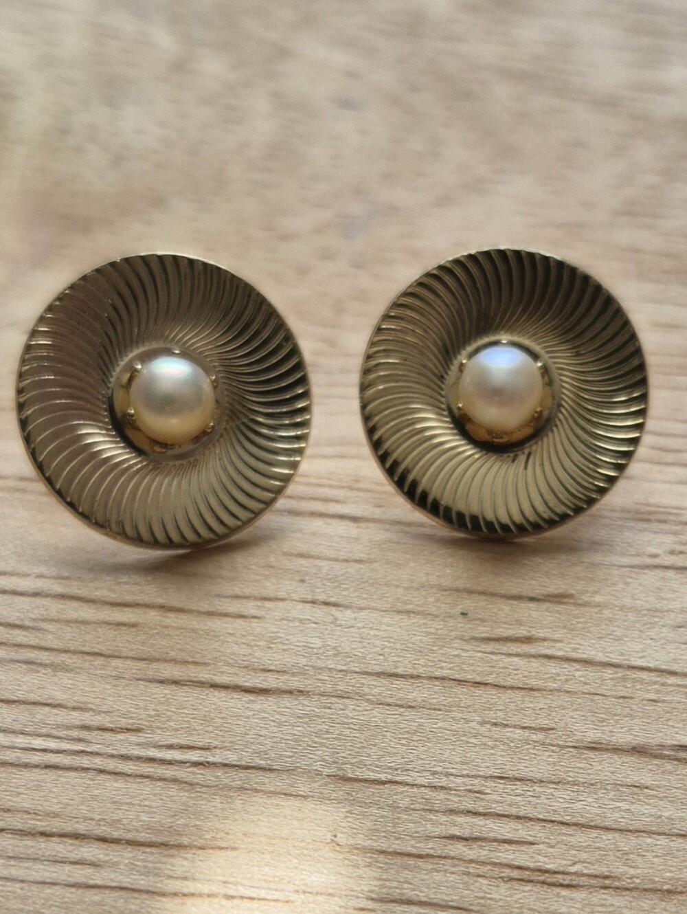 Gold-Tone Pearl Center Swirl Disc Clip On Earrings